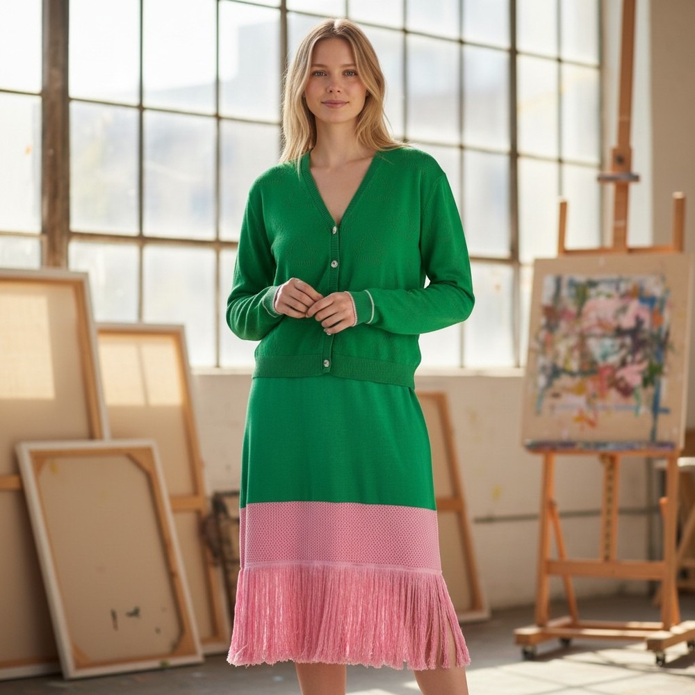 Ivy Storehouse Knit Dress Set Women XXL Green Pink AKA Sorority Fringe Cardigan